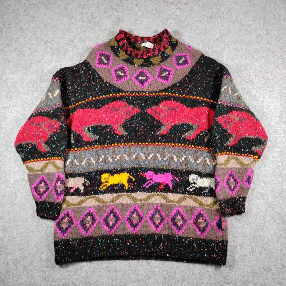 Susann D Vintage 80s Wool Sweater Womens Small Multicolor Animal Fair Isle Knit